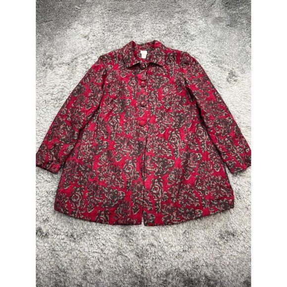 Chicos Blazer Womans 8/10 Red Floral Rayon Brocade Long Jacket Jacquard Coat - Picture 1 of 10